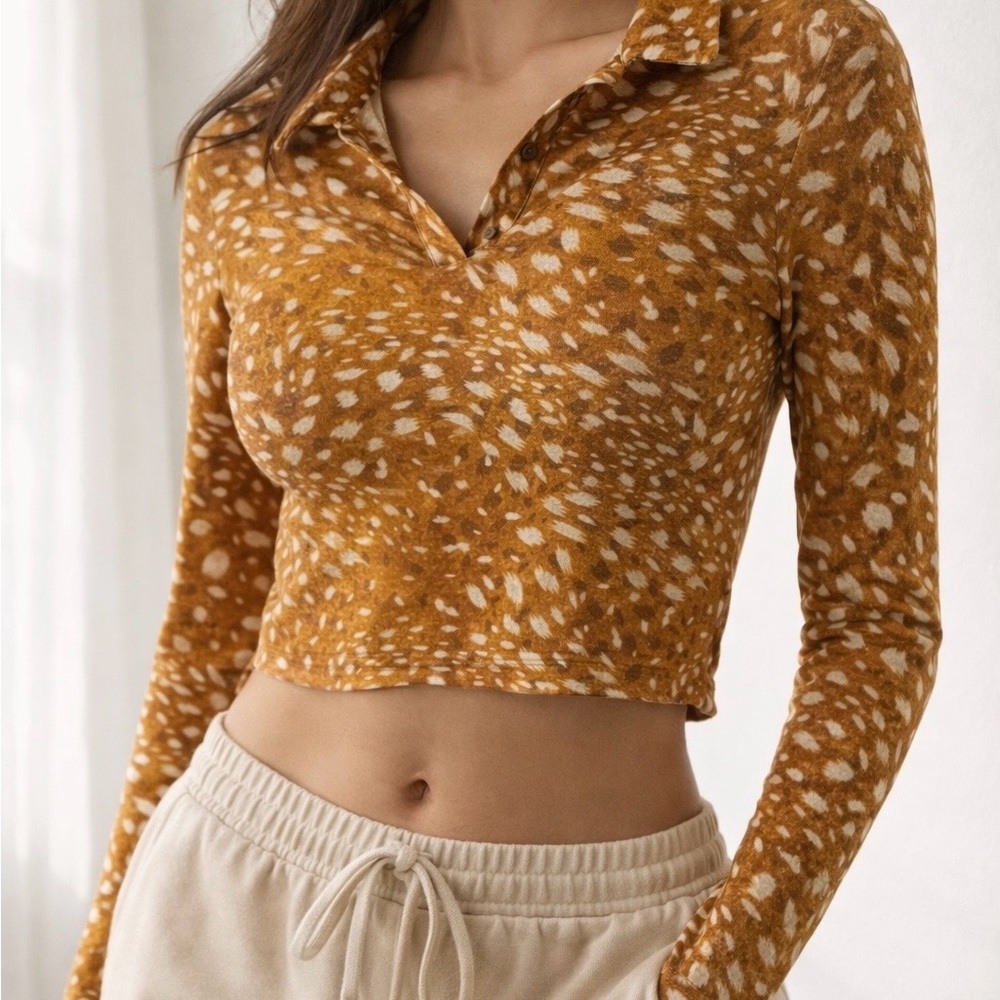 Topshop Brown and White Animal Print Sheer Mesh Long Sleeve Crop Top